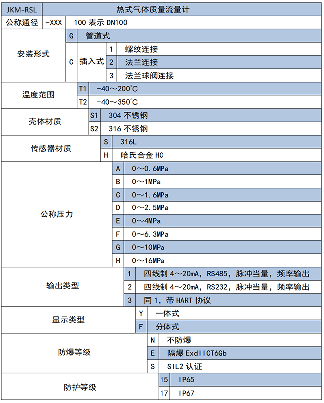 DN50熱式氣體質(zhì)量流量計(jì)選項(xiàng)表